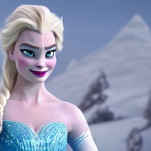 Image similar to Margot Robbie as Elsa in disney frozen live action, 8k full HD photo, cinematic lighting, anatomically correct, oscar award winning, action filled, correct eye placement,