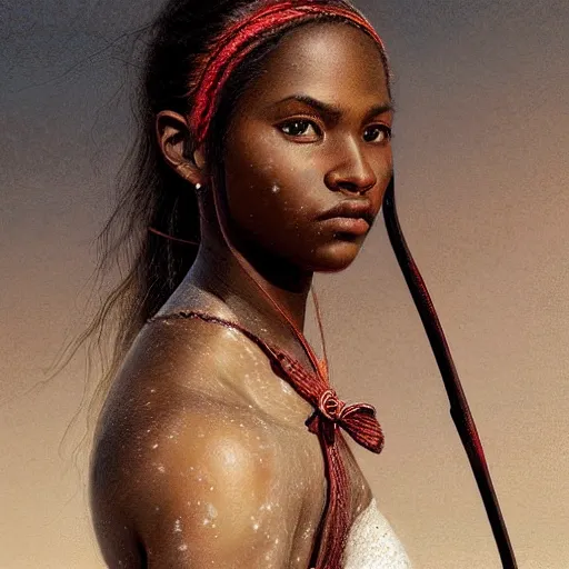 Image similar to artstation concept of a beautiful girl holding a bow and arrow, brown skin, sweaty skin, symmetrical face, casual white garment, brown canyon background, shiny colorful, hyperdetailed, artstation trending, world renowned artists, worth1000.com, historic artworks society, antique renewal, cgsociety, by greg rutkowski, by Gustave Doré, Deviantart