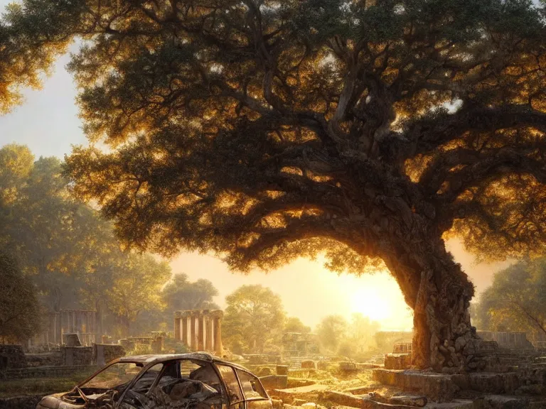 Prompt: oak tree growing in ancient greek ruins, many scrap cars, plastic waste, rubble, pillars, hyperrealistic, highly detailed, cinematic, single ray of golden sunlight, beautiful, cgssociety, artstation, 8 k, oil painting by greg rutkowski, by artgerm, by wlop