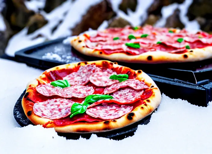 Image similar to clear highly detailed photorealistic food photograph of a pizza half stuck frozen in an ice cube with salami pepperoni lying in the snow, skiers in the background