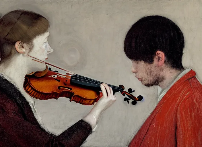 Prompt: portrait of two young violin players getting ready to perform looking here, francis bacon and pat steir and hilma af klint and james jean, psychological, photorealistic, intriguing details, rendered in octane, altermodern