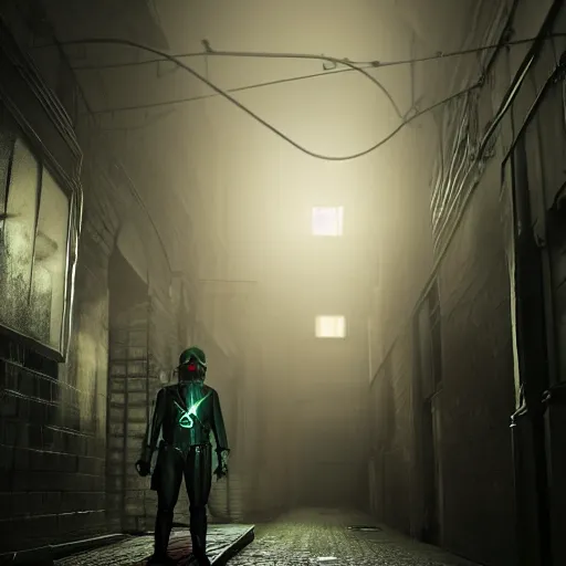 Image similar to hooden villain wearing a kamen rider gas mask, smoke coming out of his body and coat, dark background, in a dark alley, unreal engine 5, ultra realistic, detailed, fog, volumetric lighting, by greg rutkowski,