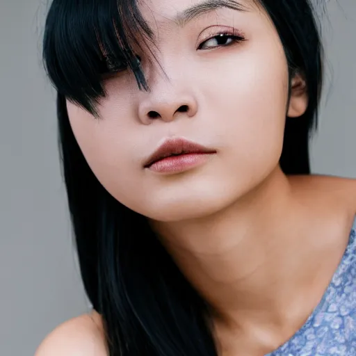 Image similar to A beautiful asian women with a face tattoo, portrait,8k