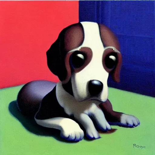 Image similar to painting of cute dog in style of rene magritte