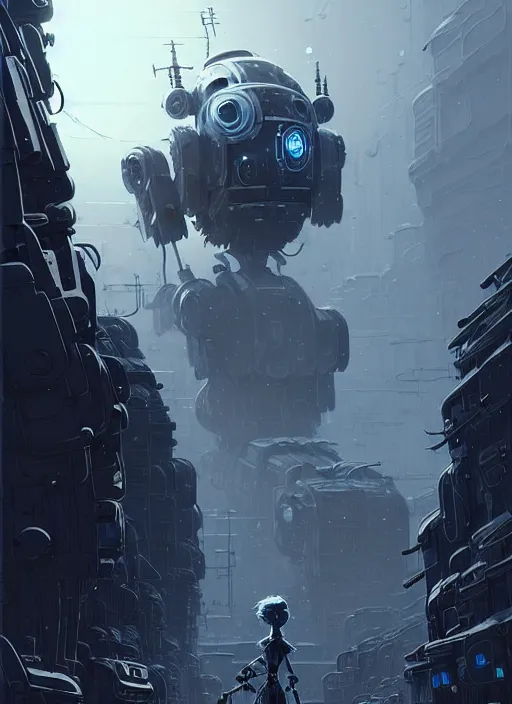 Prompt: highly detailed portrait of a moody frostpunk long blonde hair lady with mecha droid robot companion, stray wiring by atey ghailan, james gilleard, by joe fenton, by greg rutkowski, by greg tocchini, by kaethe butcher, 4 k resolution, gradient blue, black and white color scheme!!! ( ( glaciated dystopian city background ) )
