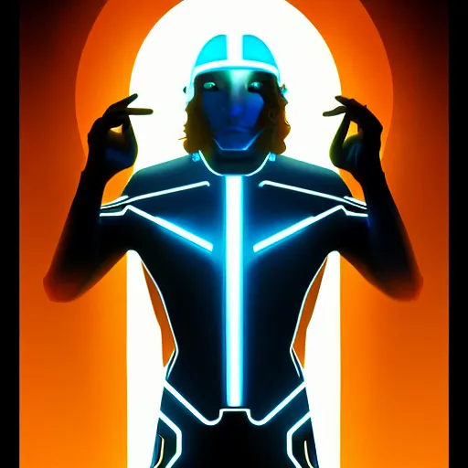 Prompt: tron legacy jesus, hyper realistic, concept art, intricate, hyper detailed, smooth, sharp focus, illustration. artstation, rutkowski, gurney, alphonse mucha