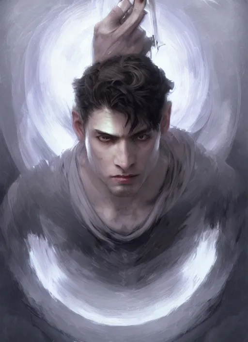 Image similar to character concept portrait of an attractive young angered Spanish wizard with pale grey skin enchanting a death spell, a floating iridescent spell book in the center, intricate, elegant, digital painting, concept art, smooth, sharp focus, illustration, from Metal Gear, by Ruan Jia and Mandy Jurgens and William-Adolphe Bouguereau, Artgerm