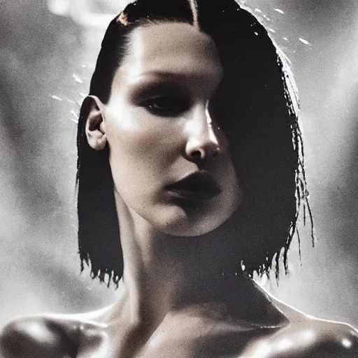 Image similar to bella hadid as maison margiela model on rammstein show. exposure. mysterious. tape photo. processing. lost photo. deep dream effect. award wining photography.. perfect composition. photography masterpiece. iron fire angel