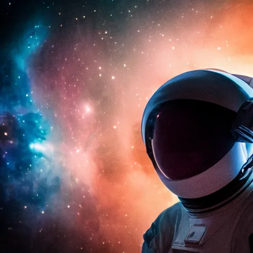 Prompt: close - up dark studio portrait of an astronaut, dark visor, no face, visor is reflecting a nebula, cinematic, dramatic, studio lighting, rim lighting, high quality, hd, 8 k