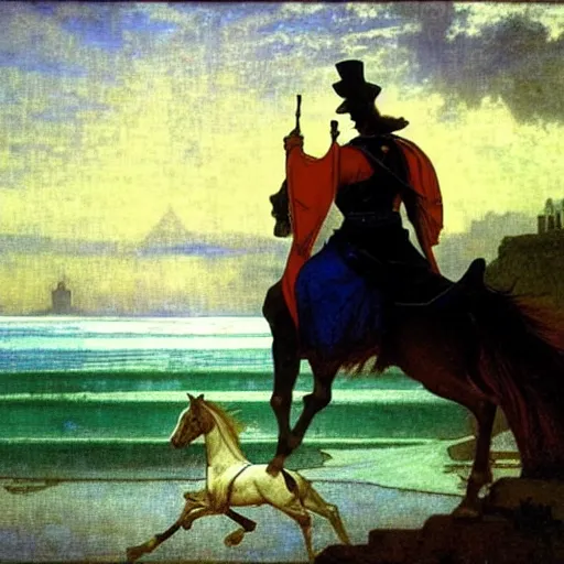 Image similar to Magician riding a horse leaving the castle through the bridge, thunderstorm, beach ocean on the background major arcana sky, by paul delaroche, alphonse mucha and arnold böcklin arnold böcklin hyperrealistic 8k, very detailed