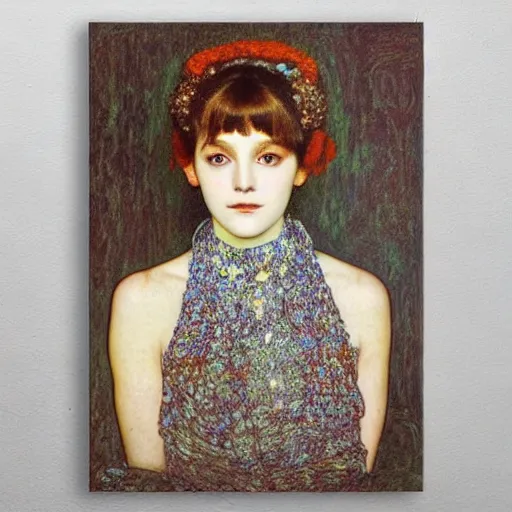 Prompt: portrait of a beautiful young lady with silver eyes, colored daguerreotype, woodcut, poster art, by klimt, by schiele, by mucha, by Mackintosh