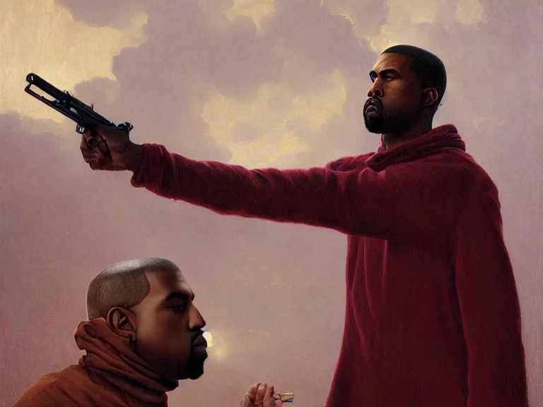 Image similar to a detailed profile oil painting of kanye west pointing a gun to pete davidson, bounty hunter portrait symmetrica, aurora lighting clouds and stars by beksinski carl spitzweg and tuomas korpi. intricate artwork by caravaggio. Trending on artstation. 8k