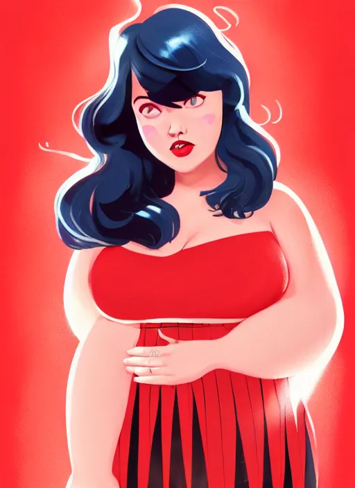 Image similar to full body portrait of teenage veronica lodge, obese, bangs, sultry, realistic, sultry smirk, wavy hair, red skirt, fat, belly, intricate, elegant, glowing lights, highly detailed, digital painting, artstation, concept art, smooth, sharp focus, illustration, art by wlop, mars ravelo and greg rutkowski