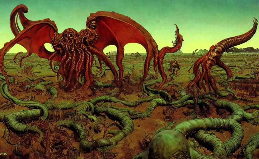 Prompt: cthulhu devouring farmland. highly detailed science fiction painting by norman rockwell, frank frazetta, and syd mead. rich colors, high contrast, gloomy atmosphere, dark background. trending on artstation