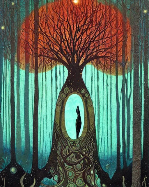 Image similar to tarot card, haunted woods, Art nouveau, by andy kehoe