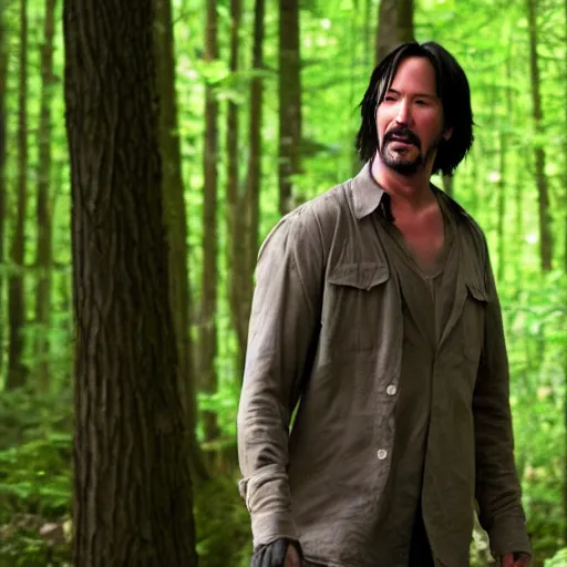 Image similar to Keanu reeves in The woods foggy but clear image 4k detailed