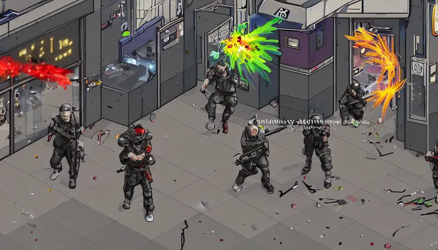 Prompt: 1994 Video Game Screenshot, Anime Neo-tokyo Cyborg bank robbers vs police, Set inside of the Bank Lobby, Multiplayer set-piece in bank lobby :9, Police officers under heavy fire, Police Calling for back up, Bullet Holes and Blood Splatter, :6 Smoke Grenades, Riot Shields, Large Caliber Sniper Fire, Chaos, Anime Cyberpunk, Anime Bullet VFX, Machine Gun Fire, Violent Gun Action, Shootout, Escape From Tarkov, Intruder, Payday 2, 8k :4 by Katsuhiro Otomo: 9