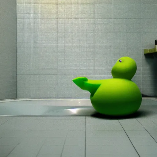 Image similar to rubber duck made of green slime melting on a bathroom, octane render, unreal engine, excellent composition, trending on artstation, million of likes