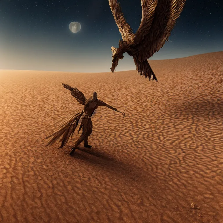 Image similar to detailed silhouette of Archangel Raphael with detailed feathered metallic wings and sword, desert planet orbited by three moons, highly detailed dunes, highly detailed rock formations, sand storm, low camera angle, atmospheric establishing shot, cinematic lighting, octane renderer, 4k,