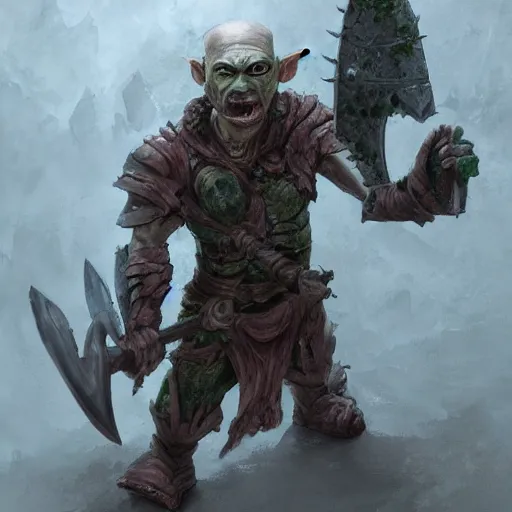 Prompt: Bald goblin with two heads and green eyes wielding a greatsword inside a decaying ancient fantasy temple. He wears a rusty silver armor, trending on artstation, dark fantasy, concept art