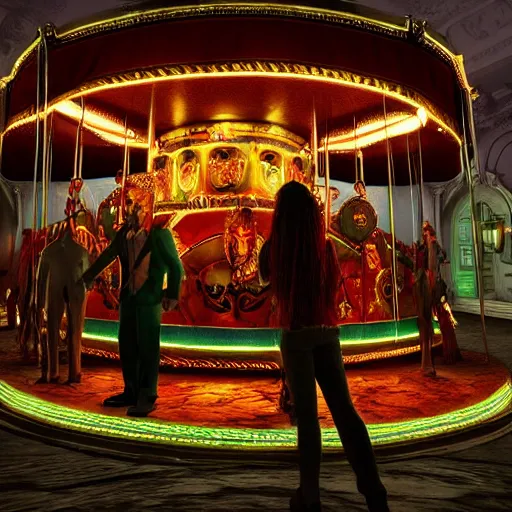 Image similar to Carousel of the damned horror painting unreal engine 3D depth of field 8K HDR Colorful Rainbows Iridescent metallic chrome