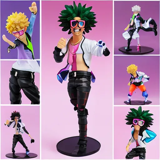 Image similar to Redfoo as a Figma anime figurine. Posable PVC action figurine. Detailed artbreeder face. Full body 12-inch Figma anime statue.