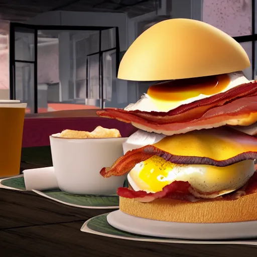 Prompt: a bacon, egg, and cheese amusement park, photorealistic