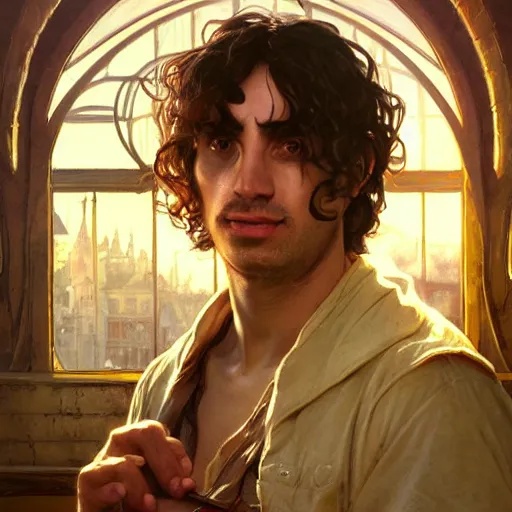 Image similar to painting ricardo milos as prisoner of azkaban. cheerful. happy. art by artgerm and greg rutkowski and alphonse mucha. during golden hour. extremely detailed. beautiful. 4 k. award winning.