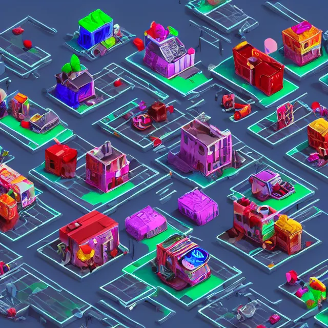 Prompt: isometric candy city, post apocalyptic, abandoned city made of candy and sweets, isometric 3 d game render, unreal engine, dramatic lighting, highly detailed
