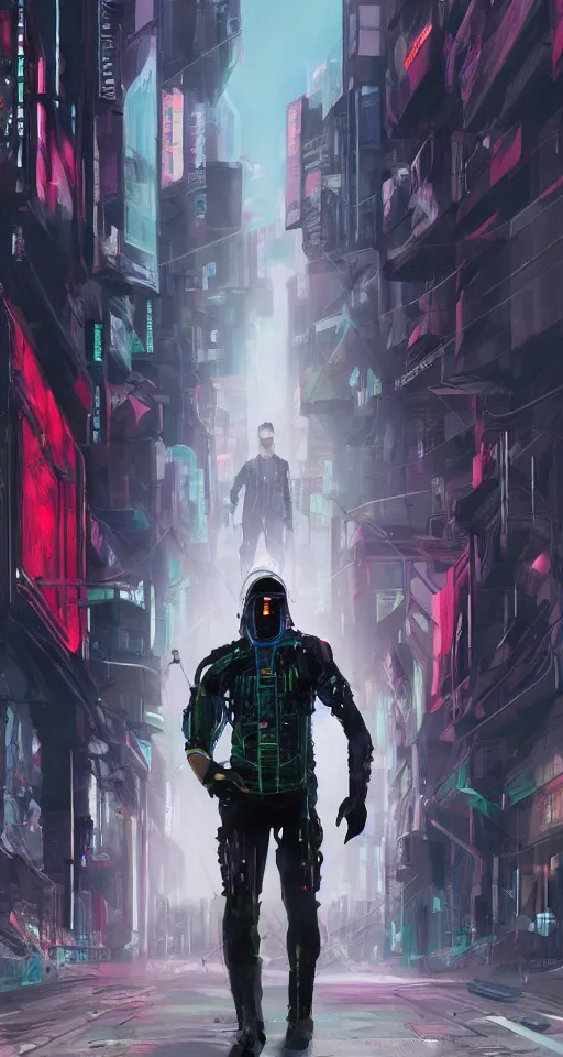 Prompt: concept art portrait of male cyberpunk walking through futuristic town