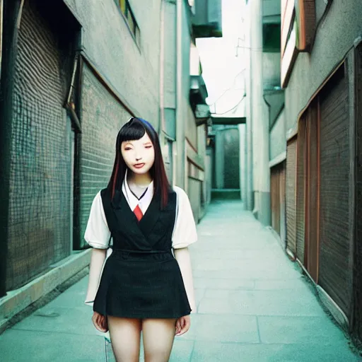 Image similar to a perfect 8K HD professional photo of close-up japanese schoolgirl posing in sci-fi dystopian alleyway, at instagram, Behance, Adobe Lightroom, with instagram filters, depth of field, taken with polaroid kodak portra