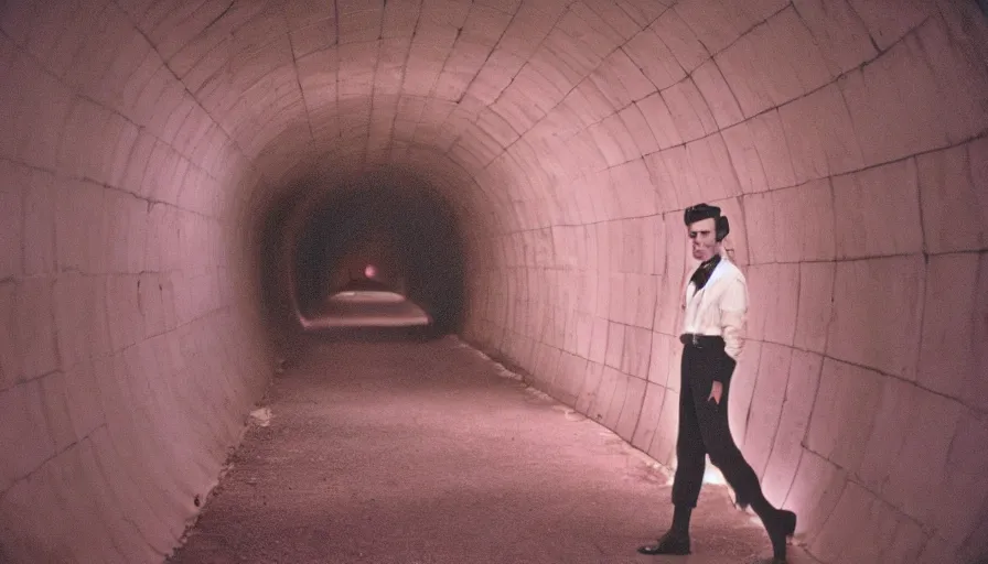 Image similar to 5 0 s movie still of a human fish with skinny legs in a tunnel, cinestill 8 0 0 t 3 5 mm technicolor, heavy grain, high quality, high detail