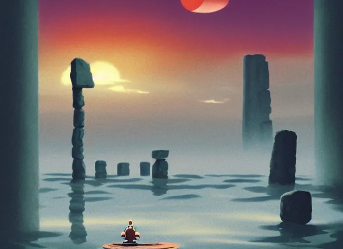 Image similar to a realistic cell - shaded studio ghibli concept art from paprika ( 2 0 0 6 ) of a floating cube from close encounters of the third kind ( 1 9 7 7 ) and a monk meditating on top of a pillar in a flooded stonehenge on a misty starry night. very dull colors, hd, 4 k, hq