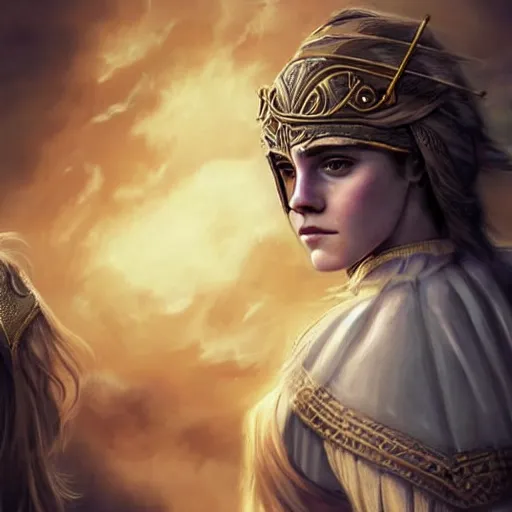 Prompt: Emma Watson as ancient greek woman in golden helmet, giant grey-haired bearded male face in the sky, epic fantasy style art, fantasy epic digital art