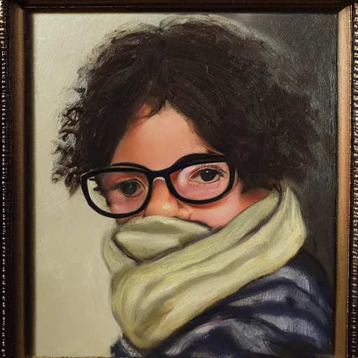 Prompt: a girl with curly black hair wears round glasses and a scarf over her mouth, oil painting