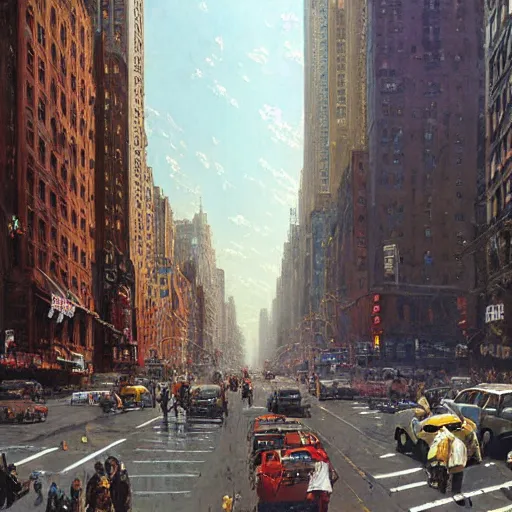 Prompt: new-york street city hyperrealism, no blur, 4k resolution, ultra detailed, style of John Berkey, Norman Rockwell, Hans Thoma, Ivan Shishkin, Tyler Edlin, Thomas Kinkade