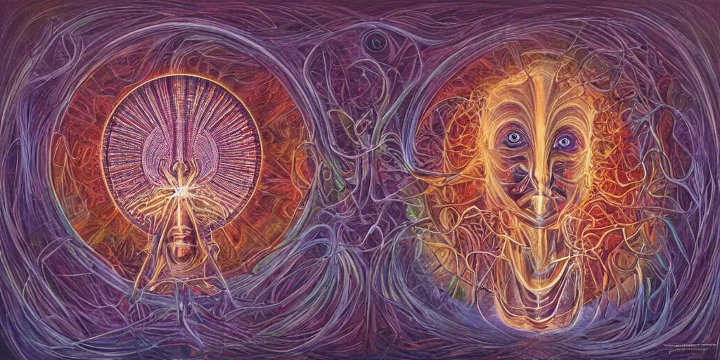 Image similar to could there be a realization of such magnitude that it quite literally blows one's mind?, center shock depicts such a moment of post - contemplative epiphany, volumetric lighting and shadows, concept art, biomechanical, realistic oil painting by alex grey