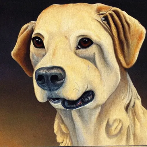 Prompt: a prehistoric dog, oil painting, ultradetailed, archaeological drawing