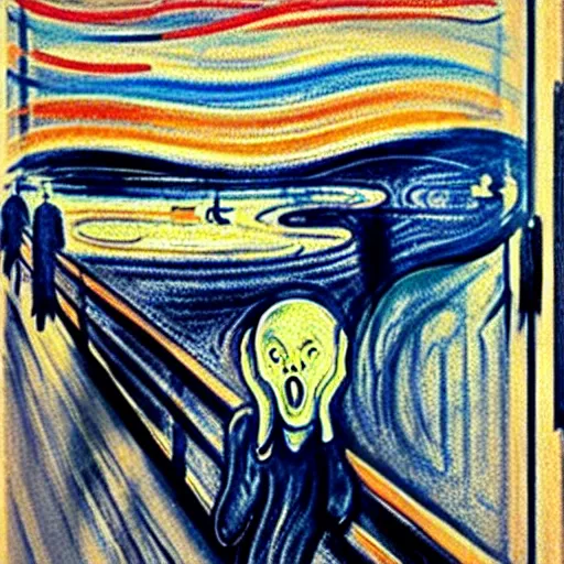 Image similar to the scream with a hat and raining on top of a hill