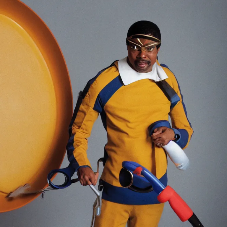 Image similar to geordi laforge wearing visor and a frisbee and random kitchen tools on his head