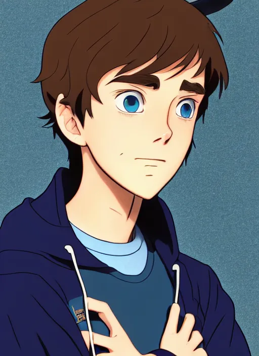 Image similar to teen boy with brown hair and big blue eyes, wearing a black hoodie with cat ears on top of it, natural lighting, path traced, highly detailed, high quality, cartoon, digital painting, by don bluth and ross tran and studio ghibli and alphonse mucha