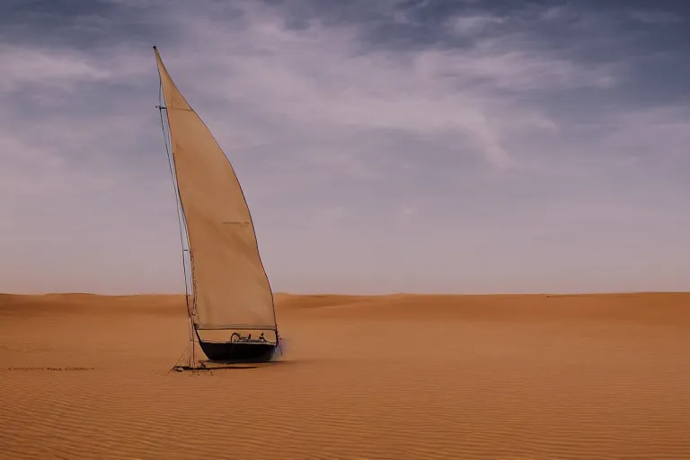 Prompt: photograph of a boat with two sails sailing in a desert, wide shot, atmospheric