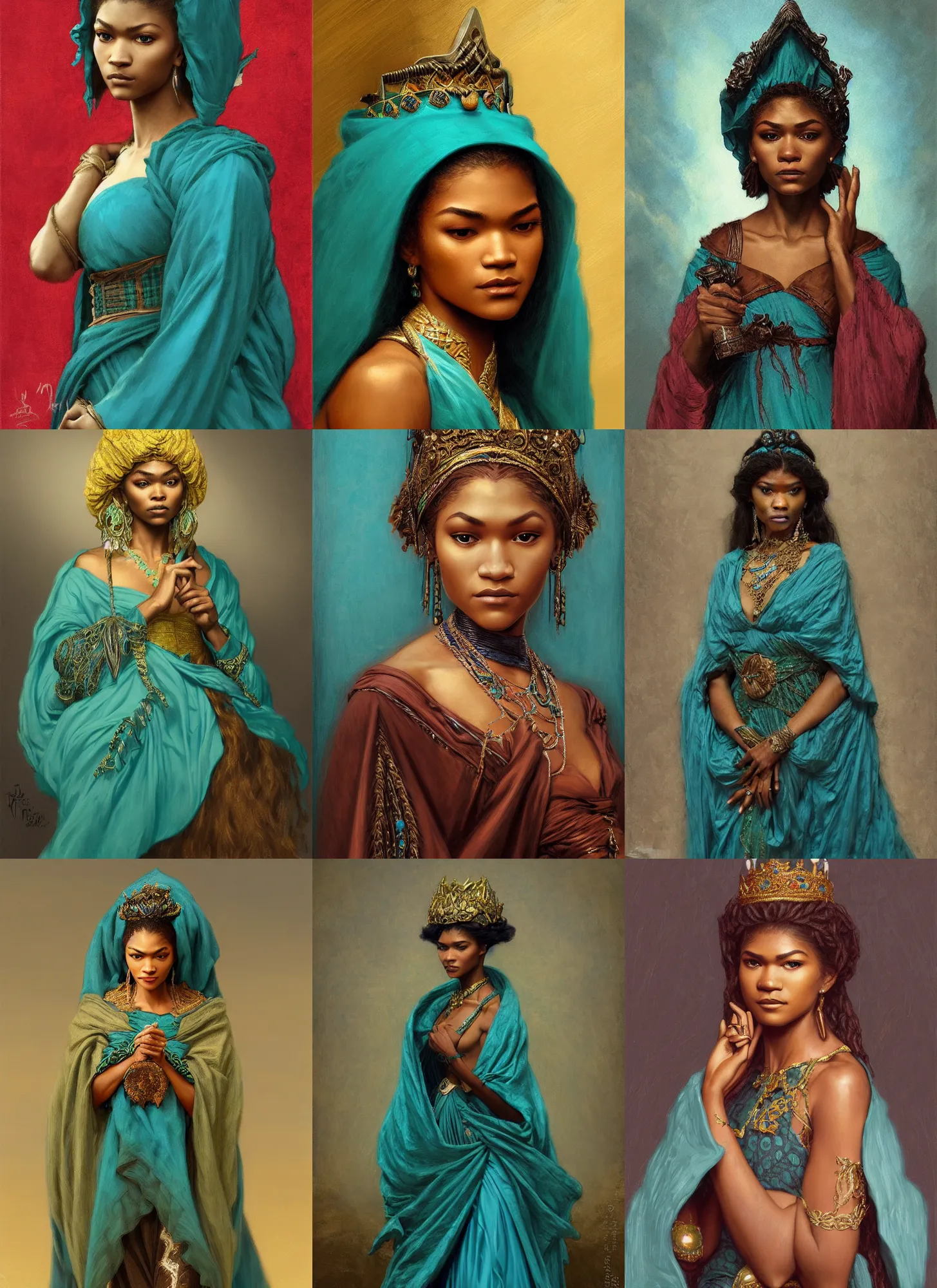 Prompt: portrait old zendaya nigerian queen, teal cape, intricate, elegant, highly detailed, digital painting, artstation, concept art, smooth, sharp focus, illustration, orientalism, edwin long, theodore ralli, aleksi briclot, rutkowski, bouguereau