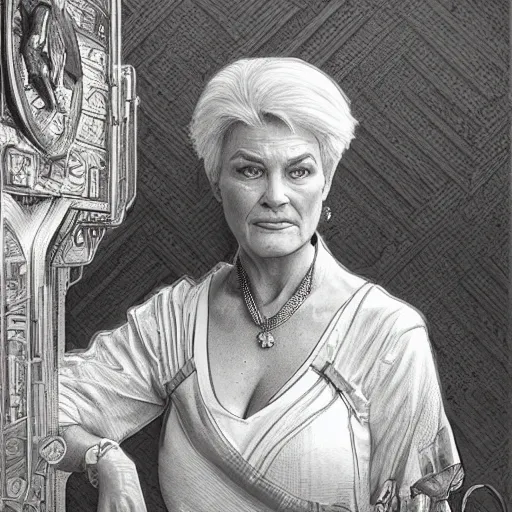 Image similar to amazing lifelike award winning pencil illustration of pat butcher behind the bar in the Queen Vic pub trending on art station artgerm Greg rutkowski alphonse mucha cinematic