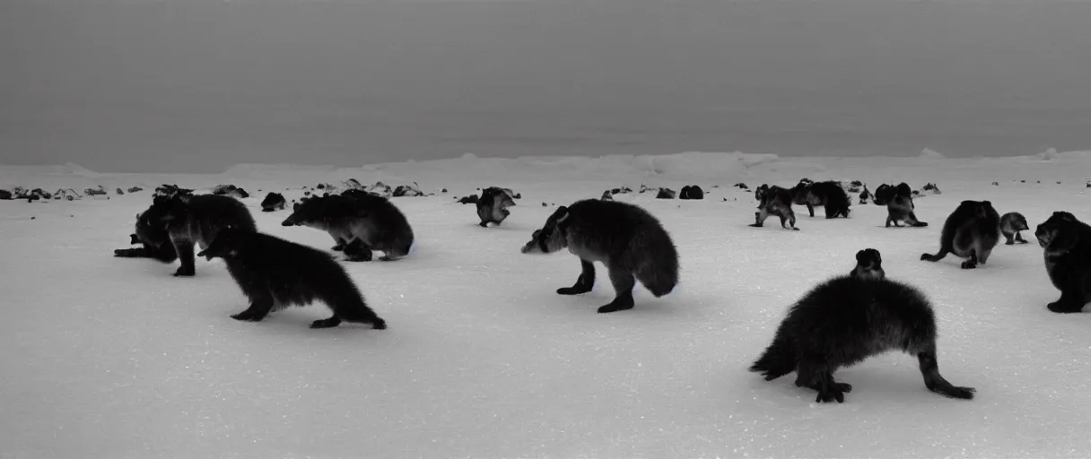 Image similar to filmic extreme wide shot movie still 4 k uhd interior 3 5 mm film color photograph taken at night of a bunch of creatures running around mcmurdo station in antartica