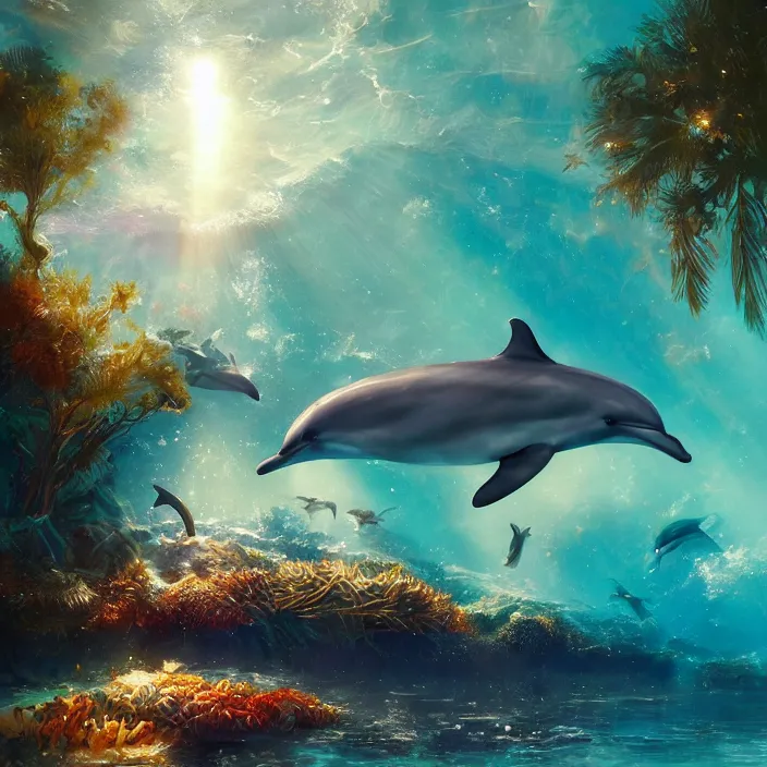 Image similar to dolphin swimming underwater, golden hour, god rays, coral reef, dreamscape by artgerm and ruan jia and ismail inceoglu and greg olsen, cosmos, milky way galaxy, masterpiece, beautiful, intricate, elegant, highly detailed, palm trees