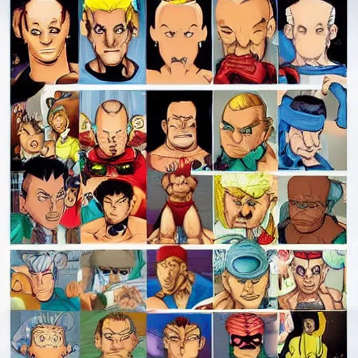 Prompt: all the street fighter characters in the style of tintin, comic