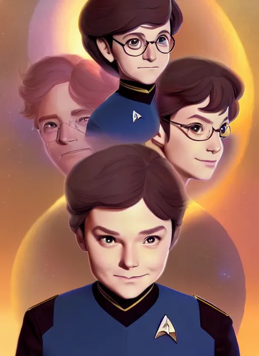Image similar to cute star trek officer harry potter, natural lighting, path traced, highly detailed, high quality, digital painting, by don bluth and ross tran and studio ghibli and alphonse mucha, artgerm