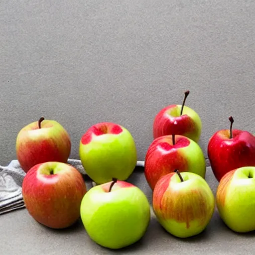 Image similar to anthropomorphic apples with mustaches and hats in a fruit basket