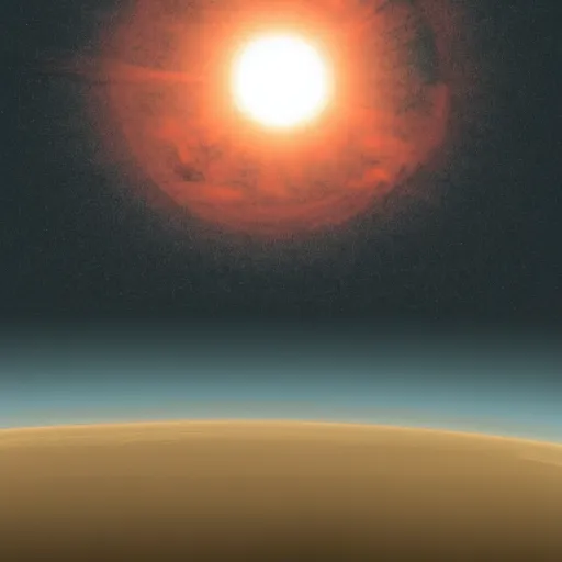 Image similar to rocky grey planet with huge sun on the horizon